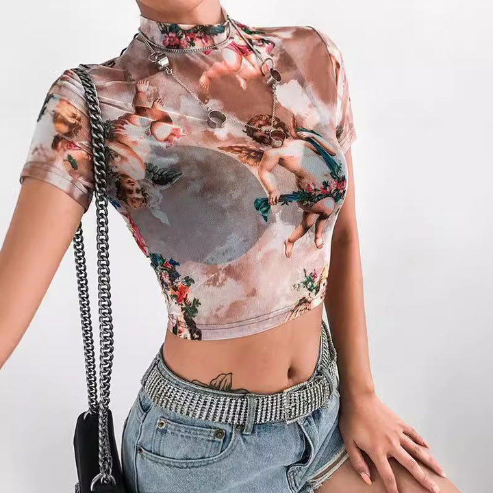 Damen Hochgeschlossenes Crop-Top mit romantischem Engelmotiven Drune