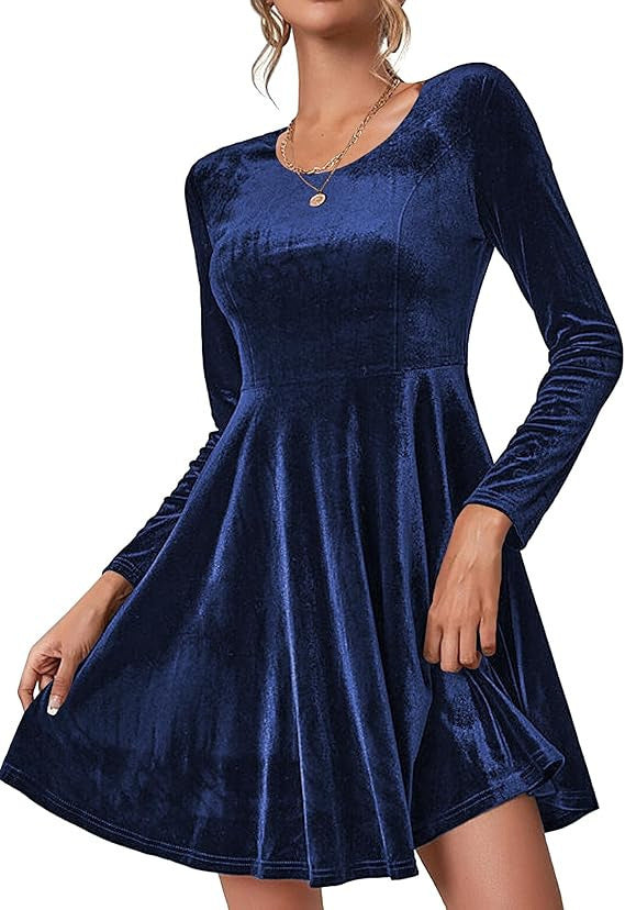Damen Elegantes Samtkleid mit geschwungenem Saum und langen Ärmeln Drune