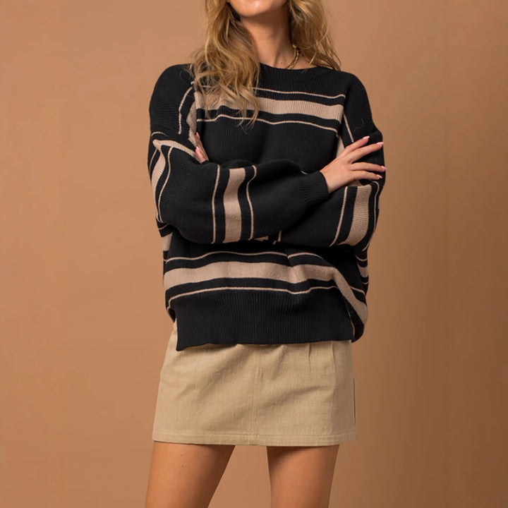 Damen lässiger Strickpullover mit übergroßen Ärmeln und modernen Streifen Drune