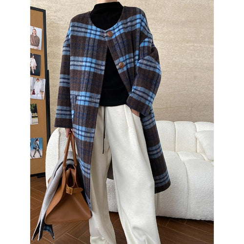Damen klassische karierte Wolljacke mit durchgehendem Knopfverschluss Drune