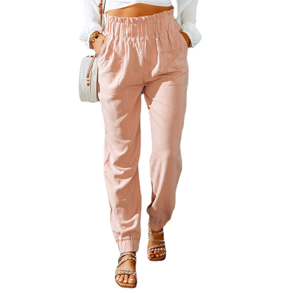 Damen Hochtaillierte Leinenoptik-Joggerhose mit elastischem Rüschbund und Eingrifftaschen Drune