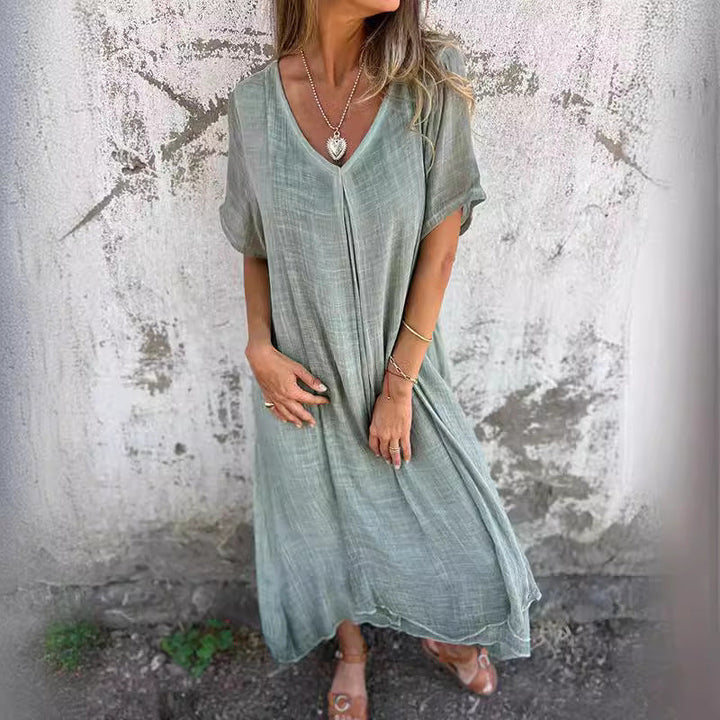 Damen Leichtes Sommerkleid mit V-Ausschnitt und weiten Ärmeln Drune