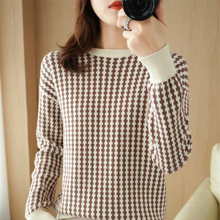 Damen Leichter Strukturstrick-Pullover mit Hahnentritt-Muster und breitem Rippbündchen Drune