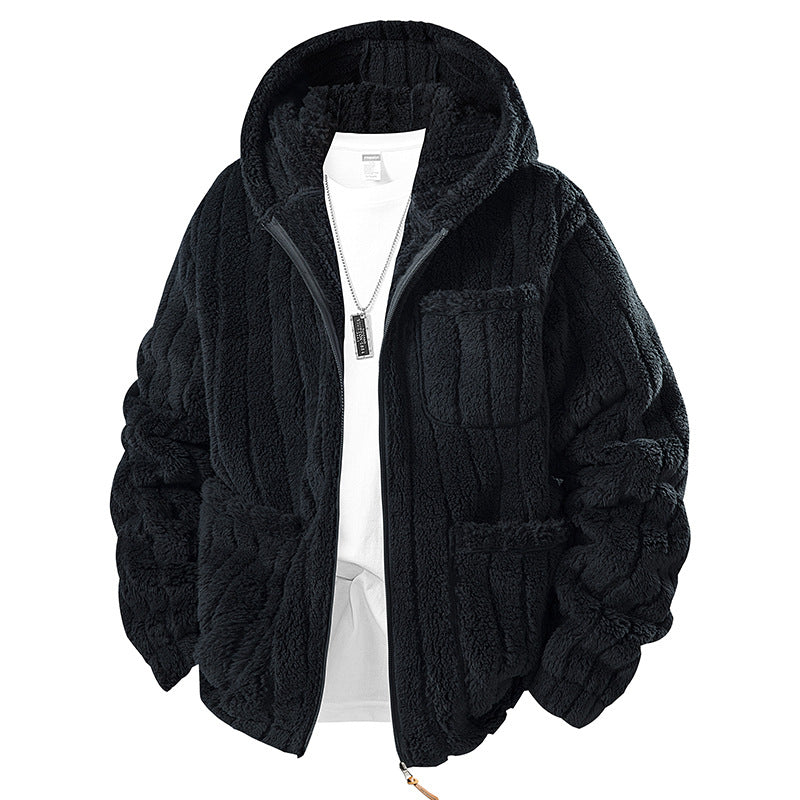 Herren Kapuzen-Fleecejacke aus Teddyfleece mit durchgehendem Reißverschluss und Mehrfachtaschen Drune