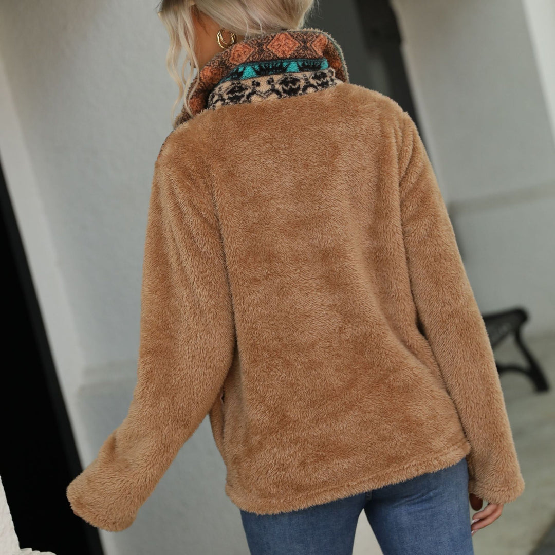 Damen Fleece-Pullover mit halbhohem Kragen und dekorativem Muster Drune