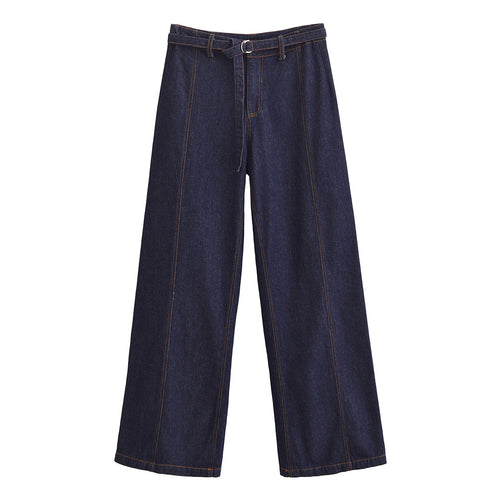 Damen Weite High‑Waist-Jeanshose im Palazzo-Schnitt mit Mittelnaht und D-Ring-Gürtel Drune