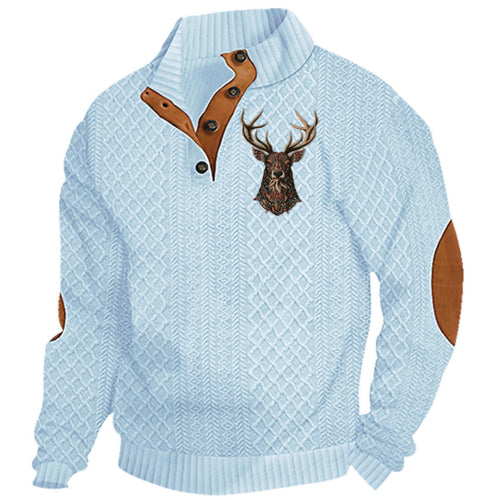 Herren nan Heritage-Strukturpullover mit Stehkragen Lederimitat-Besatz Ellenbogen-Patches und Halbknopfleiste Drune