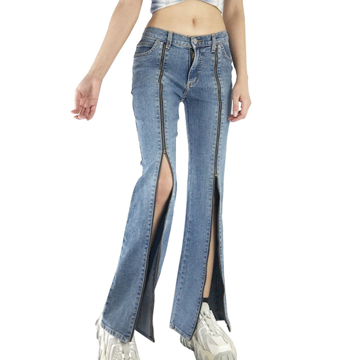 Damen nan Jeanshose mit durchgehenden Front-Reißverschlüssen, hoher vorderer Beinöffnung und ausgestelltem Schlag Drune