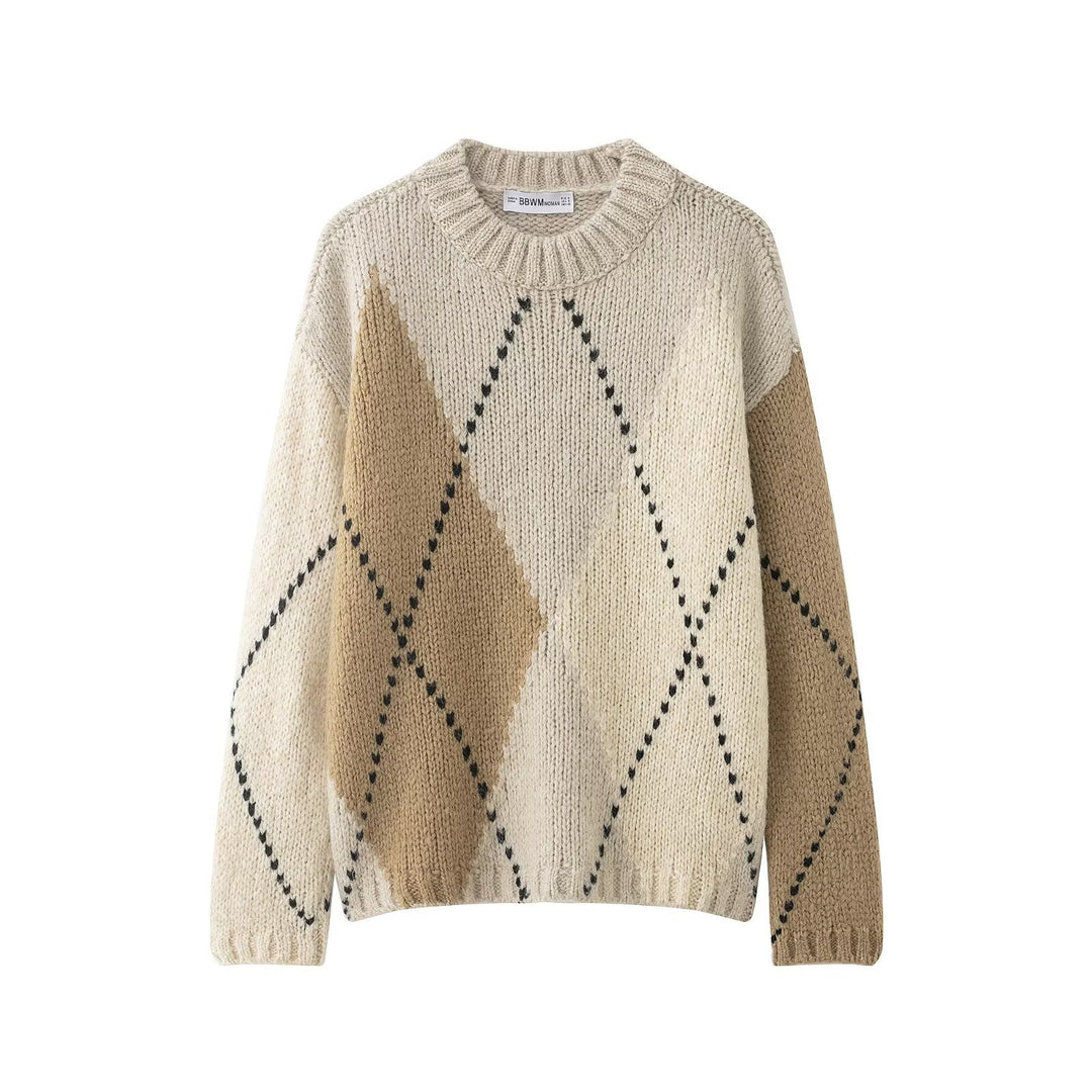 Damen 20+ Oversize Argyle Strickpullover mit Rundhalsausschnitt und grober Maschenstruktur Drune
