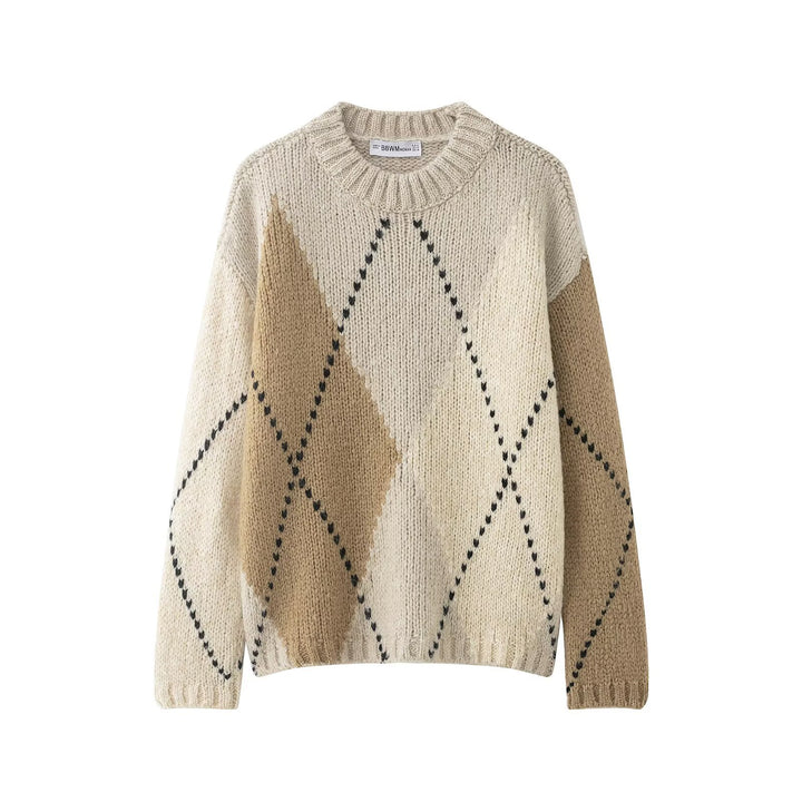 Damen 20+ Oversize Argyle Strickpullover mit Rundhalsausschnitt und grober Maschenstruktur Drune