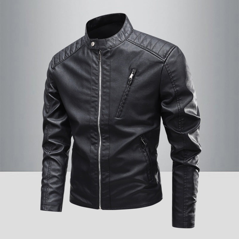 Herren Modische Kunstlederjacke mit Stehkragen und hochwertigen Reißverschlüssen Drune