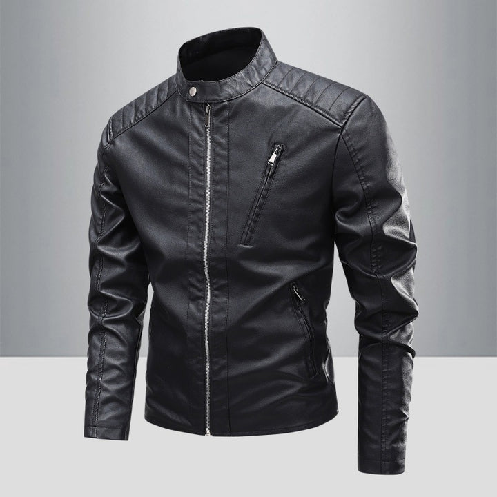 Herren Modische Kunstlederjacke mit Stehkragen und hochwertigen Reißverschlüssen Drune