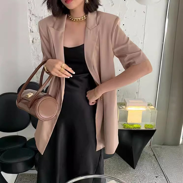 Damen Eleganter Satin-Blazer mit doppelter Knopfleiste Drune