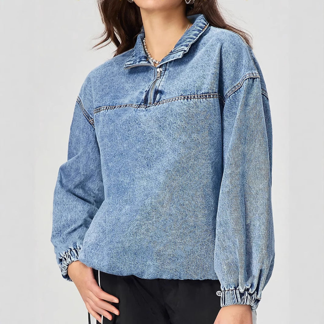 Damen lockeres Denim-Pullover mit Stehkragen und Reißverschluss Drune