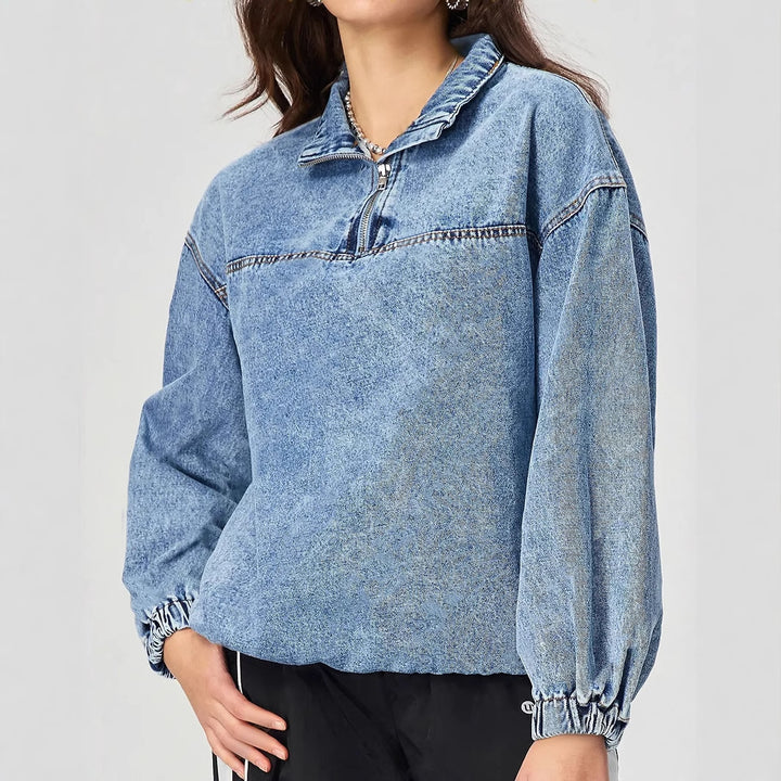 Damen lockeres Denim-Pullover mit Stehkragen und Reißverschluss Drune