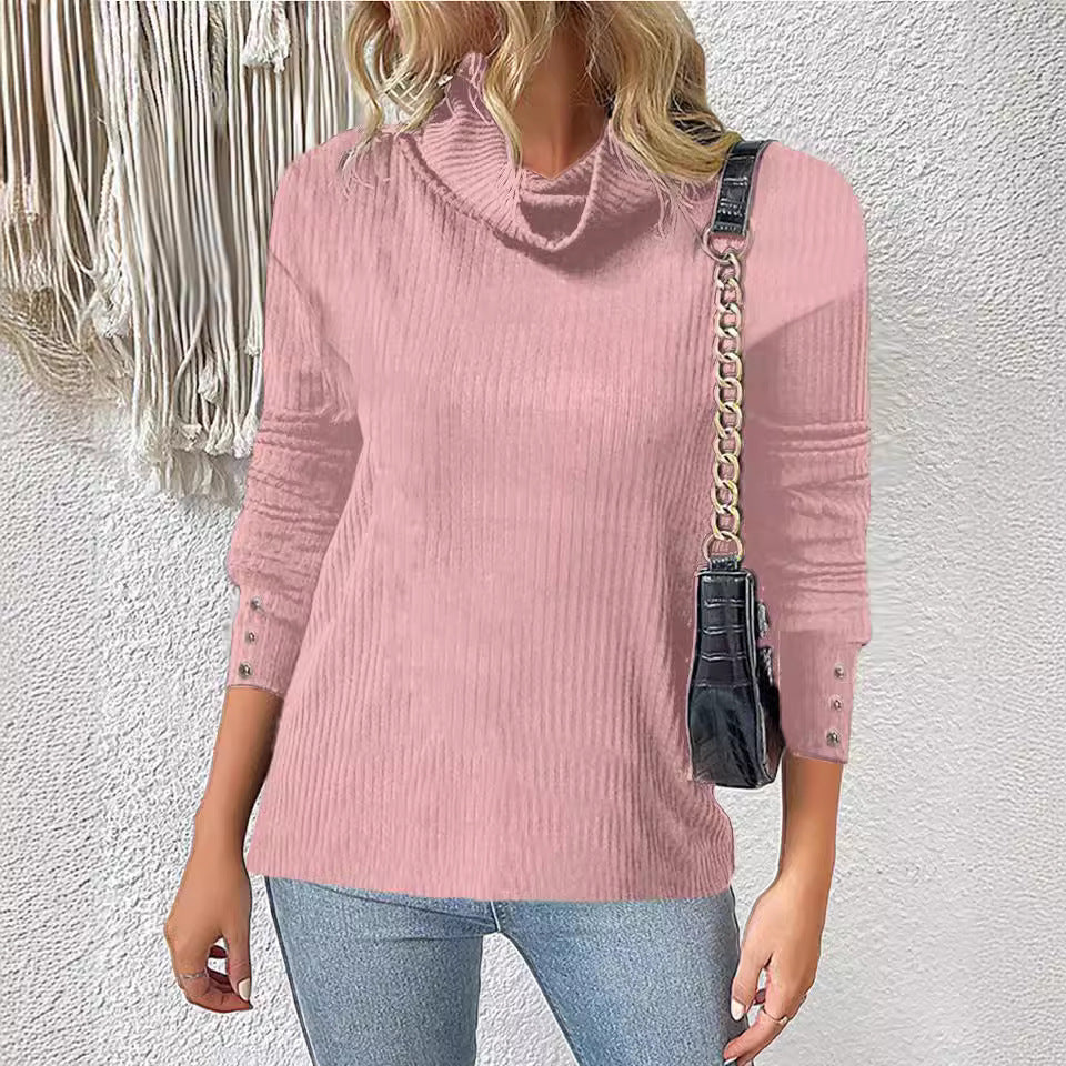 Damen Rippschneider Rollkragenpullover mit 3/4-Ärmeln und dekorativer Knopfleiste Drune