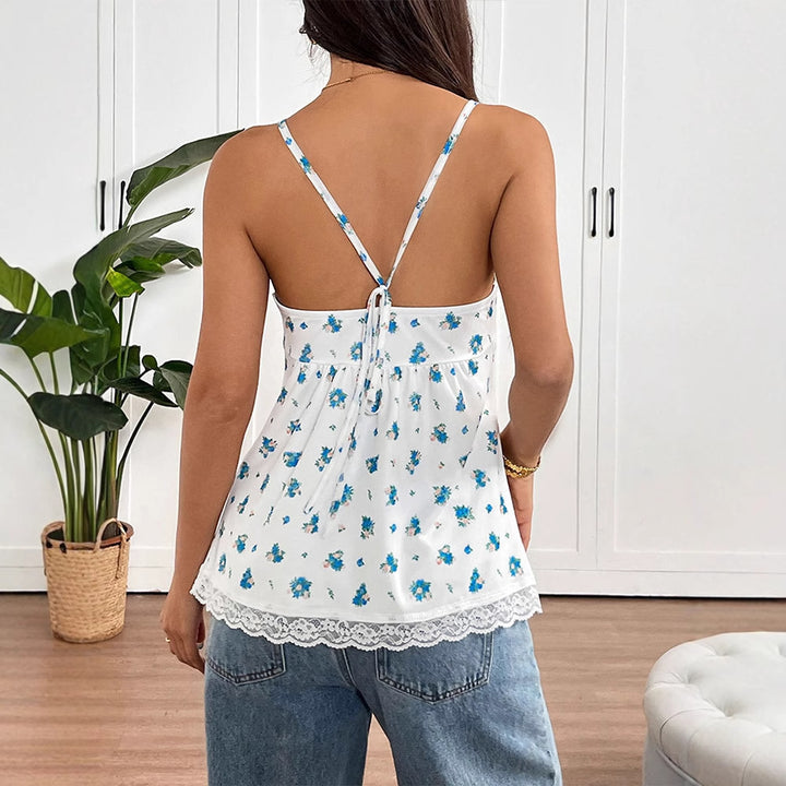 Damen Spaghetti-Träger Bluse mit floralem Muster und Spitzenbesatz Drune