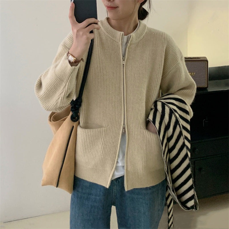 Damen lässige Strickjacke mit Reißverschluss und großen Taschen Drune