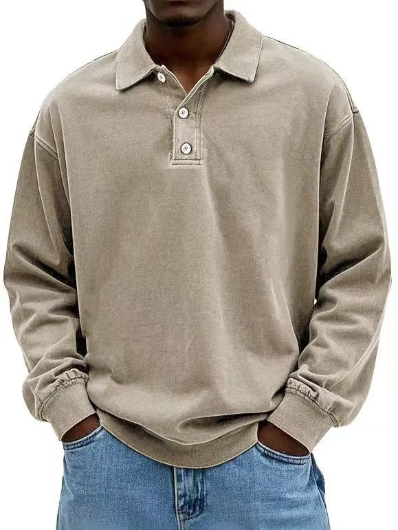Herren nan lässiges Poloshirt-Sweatshirt mit Kragen, Vintage-Waschung und dreiteiliger Knopfleiste Drune
