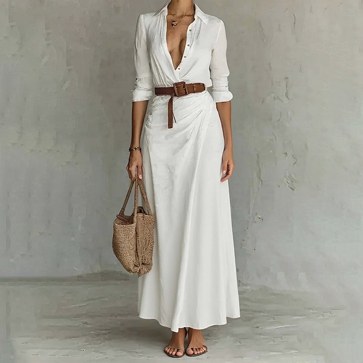 Damen Maxi-Kleid mit tiefem V-Ausschnitt und taillierenden Details Drune
