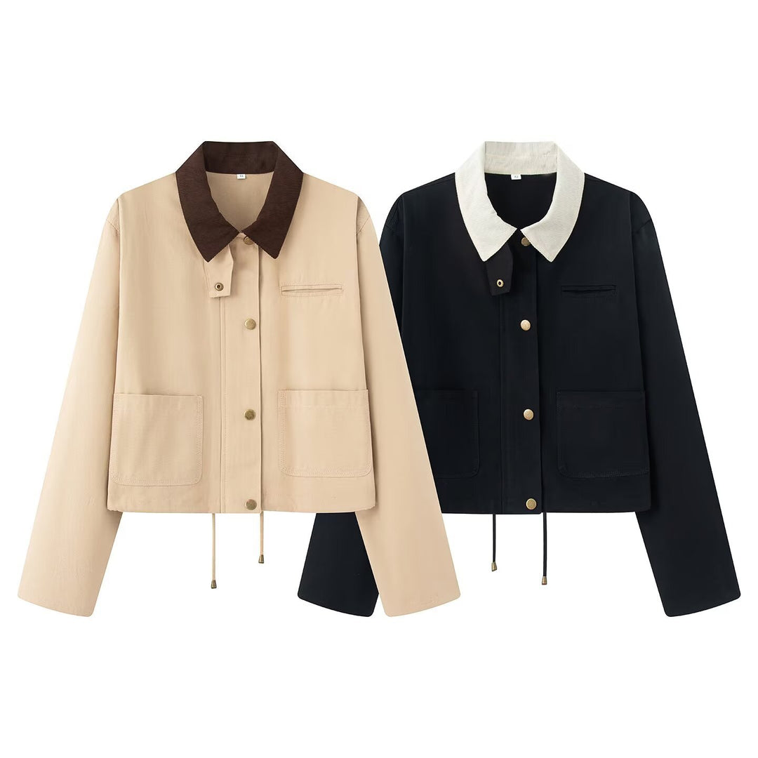 Damen lässige Jacke mit kontrastierendem Kragen und praktischen Taschen Drune