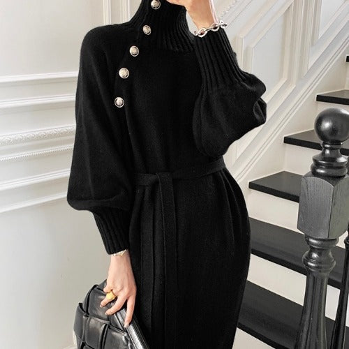 Damen Modisches Strickkleid mit hohem Kragen und eleganten Knopfdetails Drune
