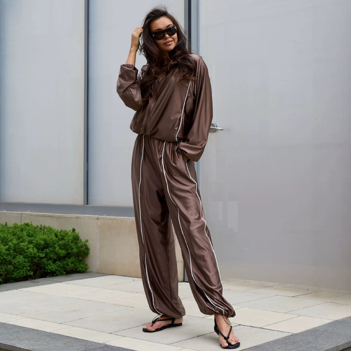 Damen Satin-Trainingsanzug mit Reißverschlussjacke und weiter Gummibund-Hose Drune