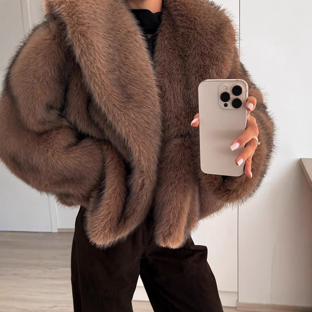 Damen stylischer Kunstfellmantel mit breitem Kragen Drune