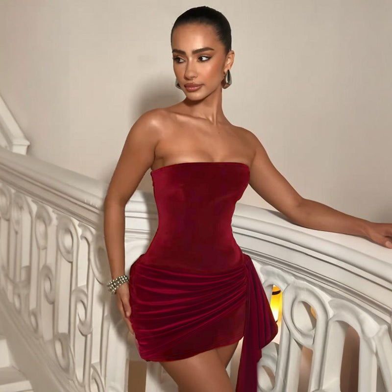 Damen elegantes Minikleid mit asymmetrischen Rüschendetails und schulterfreiem Design Drune