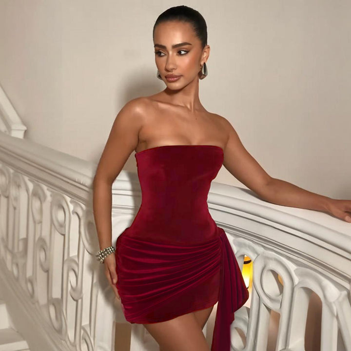 Damen elegantes Minikleid mit asymmetrischen Rüschendetails und schulterfreiem Design Drune