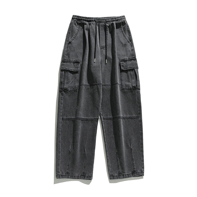 Unisex Weite Cargo-Jeanshose mit elastischem Bund, Tunnelzug und Utility-Taschen Drune