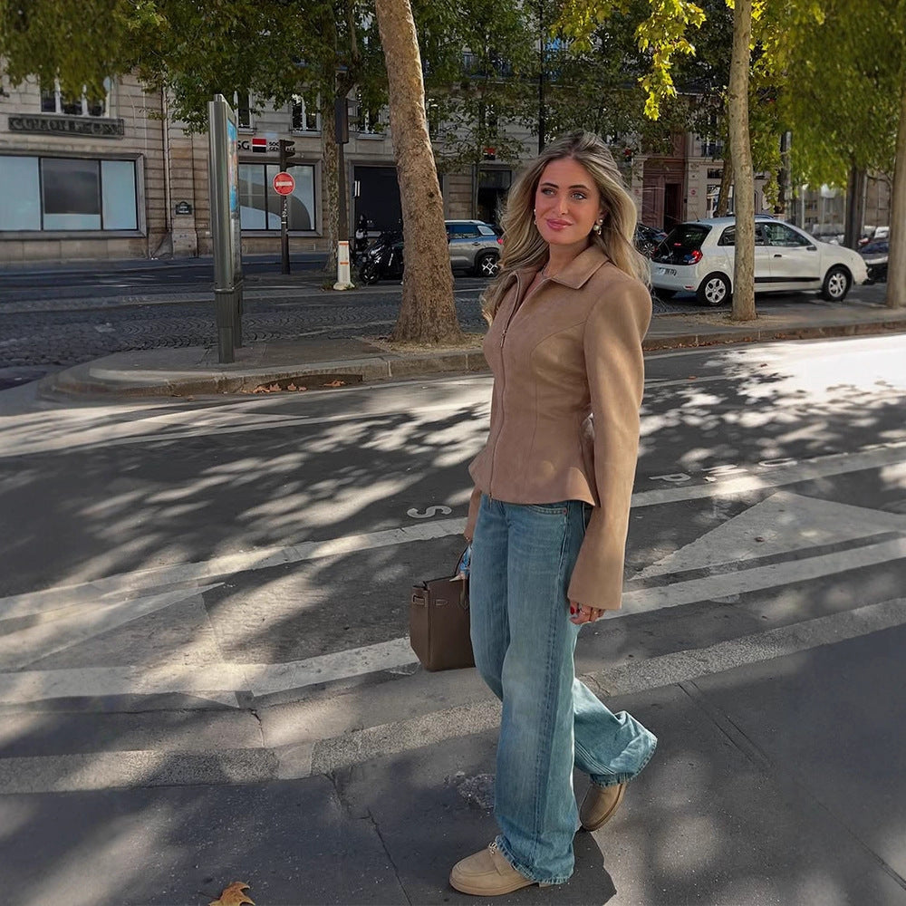 Damen Taillierte Velourslederoptik-Jacke mit Zweiwege-Reißverschluss Drune