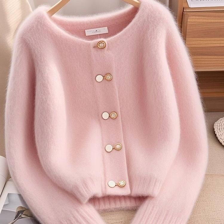 Damen kuschelige Strickjacke mit goldenen Knopfdetails Drune