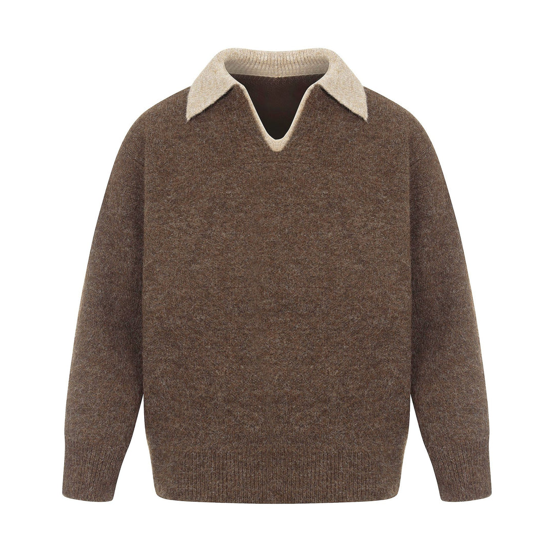Damen Oversize Wollmix-Pullover mit kontrastpolokragen und V‑Ausschnitt Drune