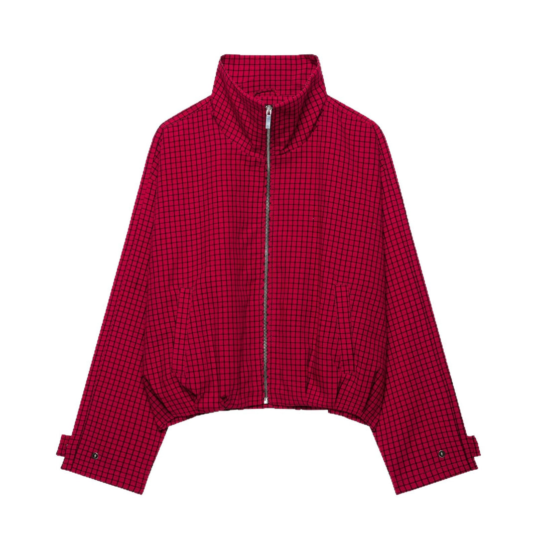 Damen Kurze karierte Zip‑Jacke im Boxy‑Cropped‑Schnitt mit Stehkragen Drune