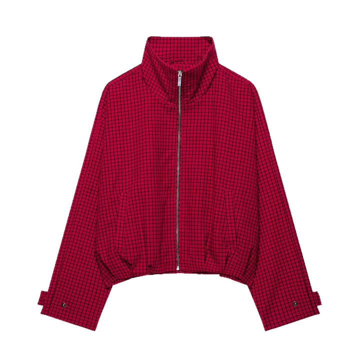 Damen Kurze karierte Zip‑Jacke im Boxy‑Cropped‑Schnitt mit Stehkragen Drune