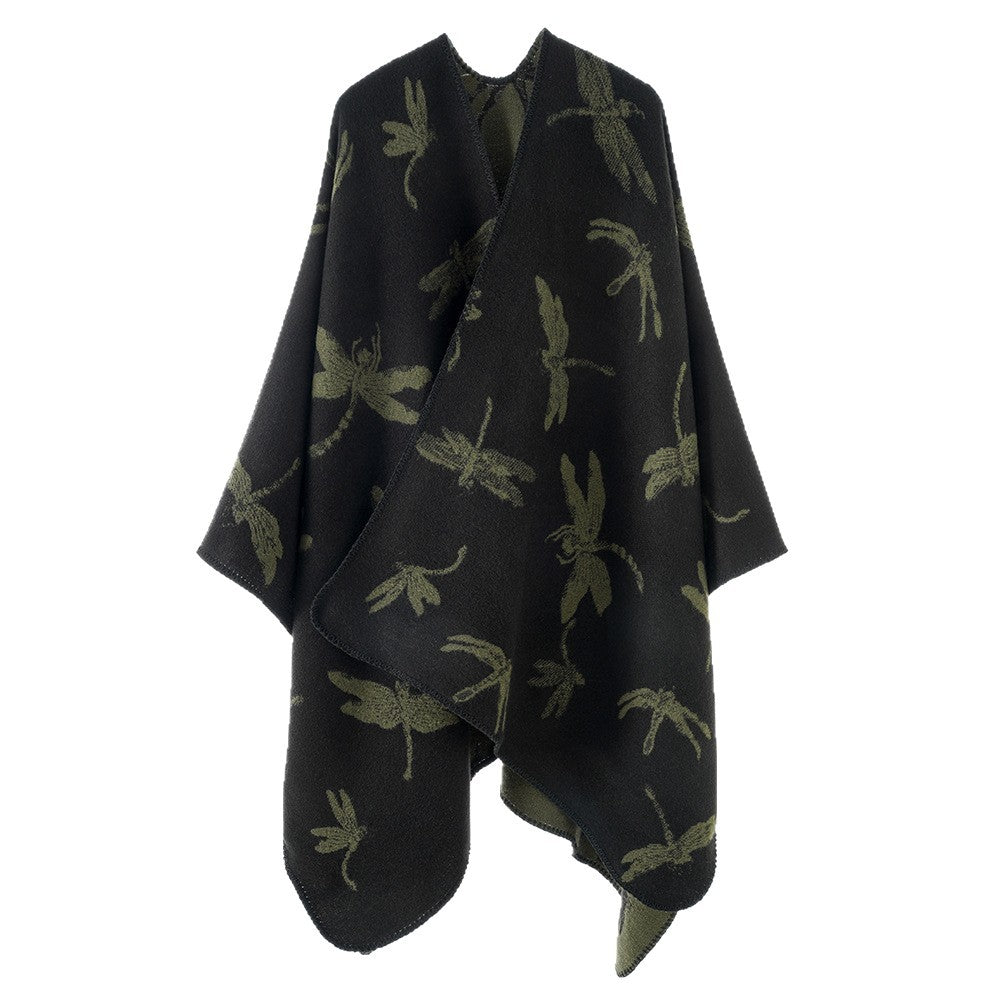 Damen Reversibler Cape-Poncho mit Libellen-Jacquard und feinem Saum Drune