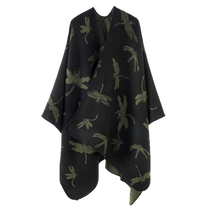 Damen Reversibler Cape-Poncho mit Libellen-Jacquard und feinem Saum Drune