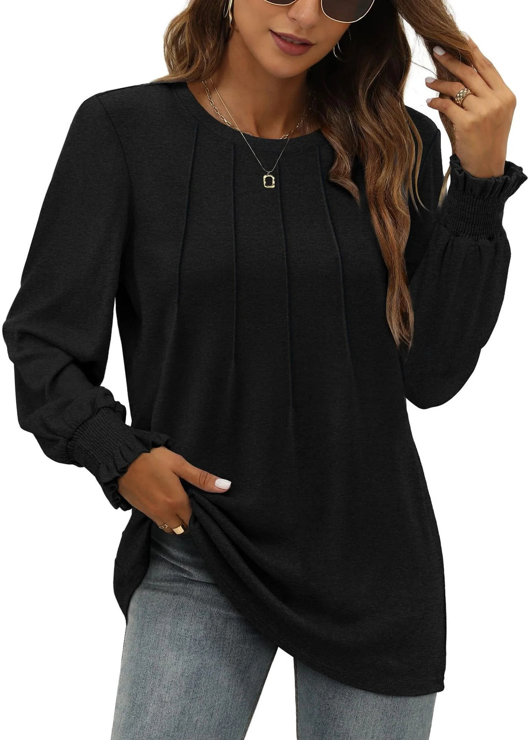 Damen Longsleeve-Tunika mit senkrechten Biesen und gerafften Rüschbündchen Drune