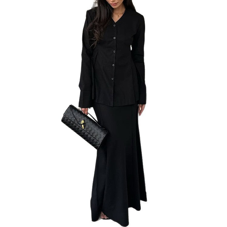 Damen Elegantes Deux-Pieces-Anzugset mit schwingendem Oberteil und bodenlangem Rock Drune