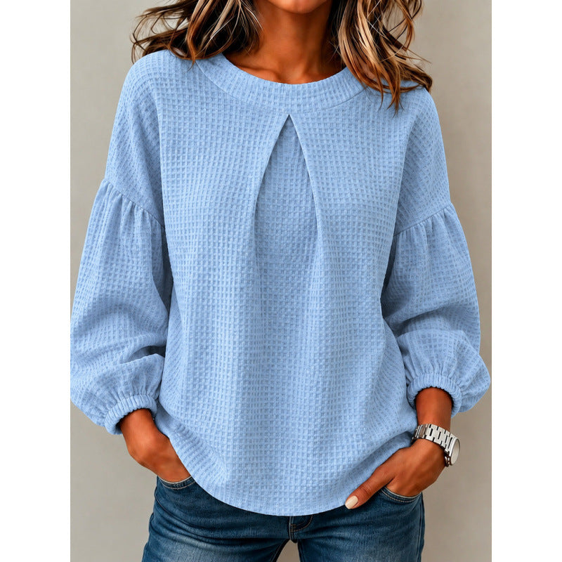 Damen Lockeres Waffelstrick-Sweatshirt mit Vorderfalte und Ballonärmeln Drune