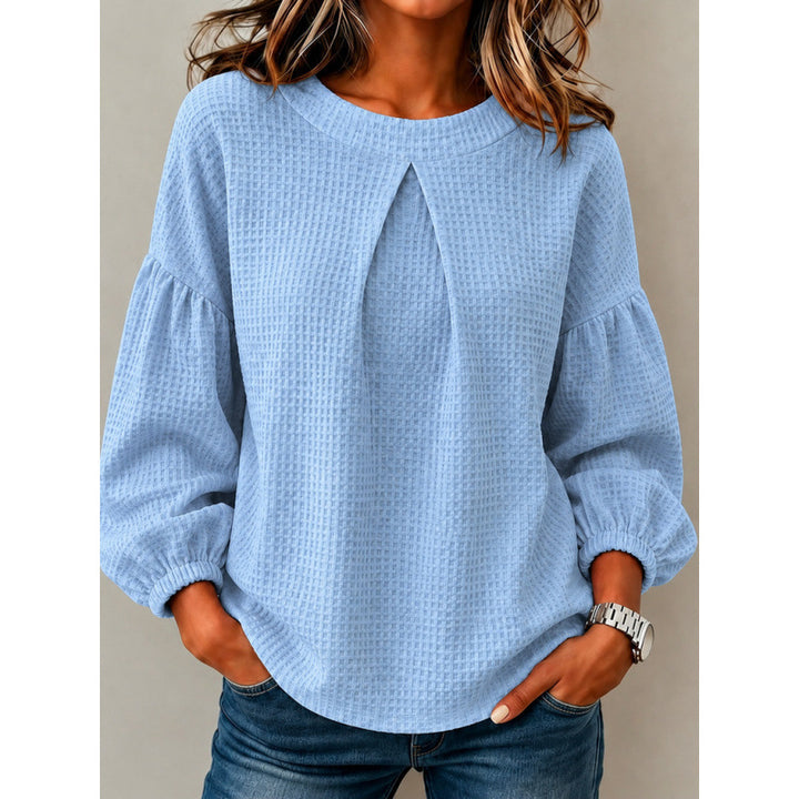 Damen Lockeres Waffelstrick-Sweatshirt mit Vorderfalte und Ballonärmeln Drune