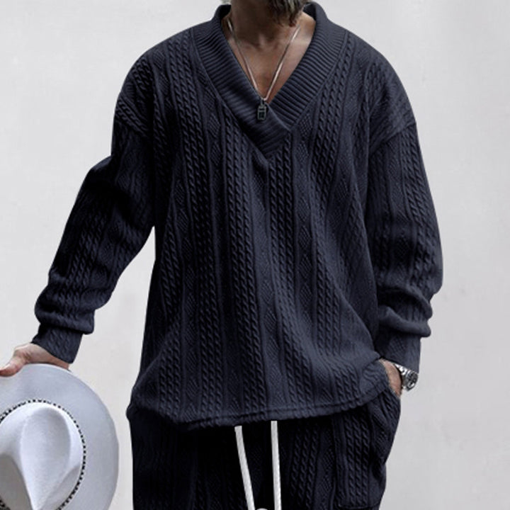 Herren Zopfstrick-Loungewear-Set mit tiefem V-Ausschnitt, Relaxed-Fit & Kordelhose Drune