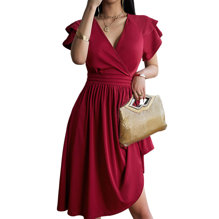 Drune | V-Ausschnitt Einfarbig Kurzarmkleid Für Frauen