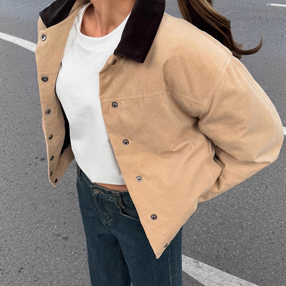 Damen Kurzer Cord-Workwear-Blouson mit Kontrastkragen Drune