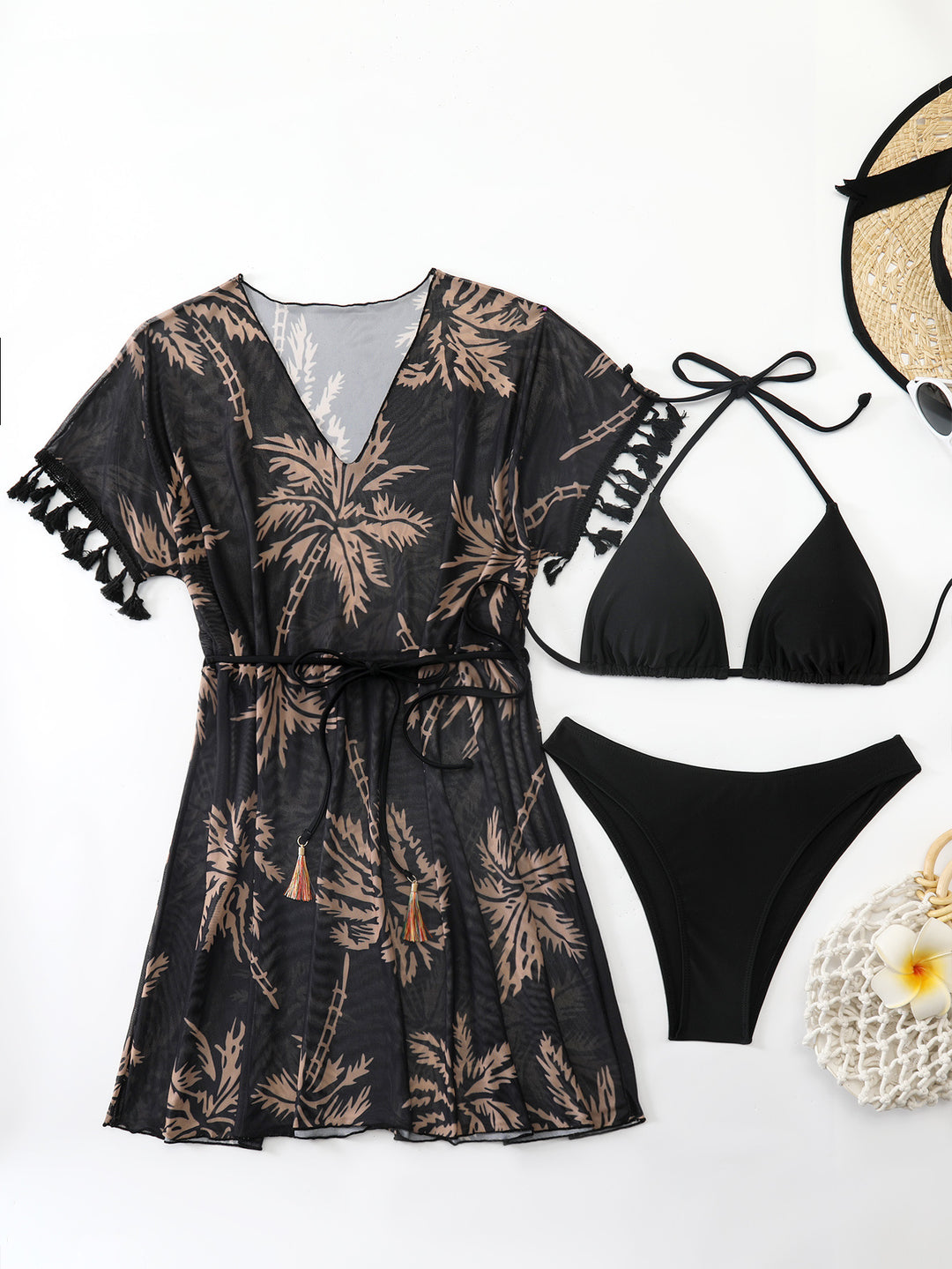 Damen strandtaugliches Kaftan-Set mit modischem Palmendruck Drune