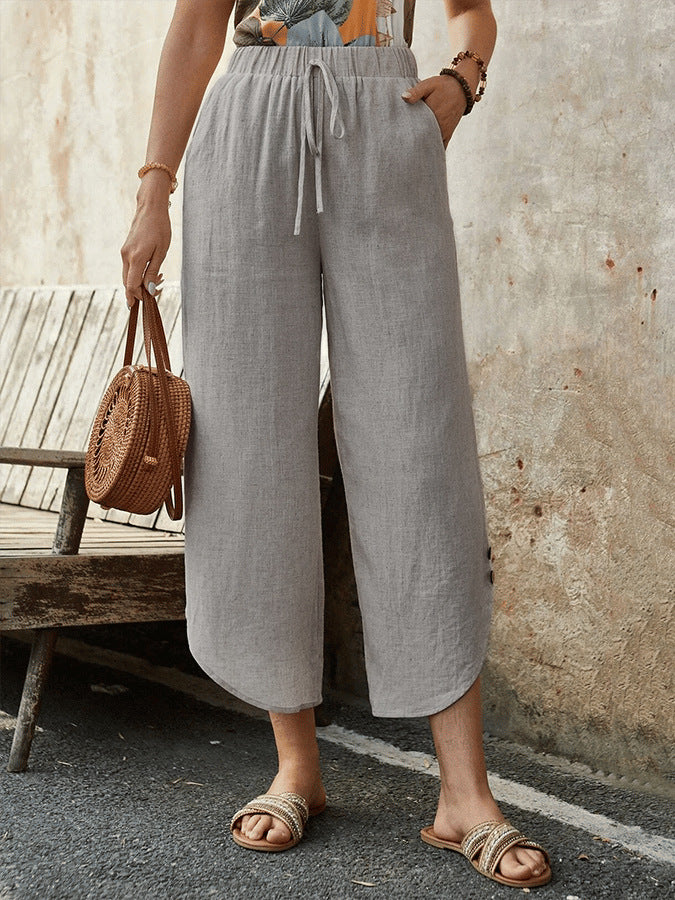 Damen luftige Leinenhose mit elastischem Bund und praktischen Taschen Drune
