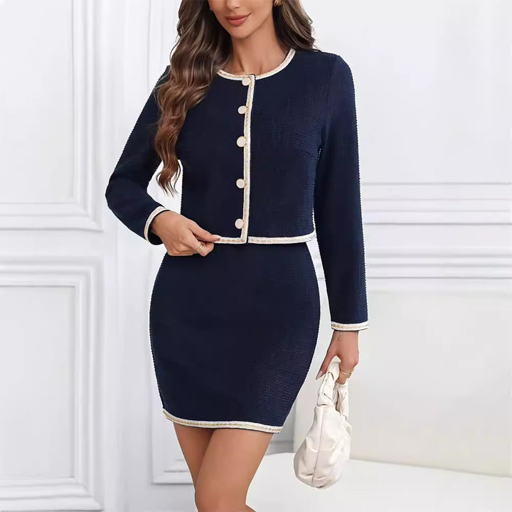 Damen elegantes Tweed-Kleid mit kurzen Ärmeln und klassischen Knöpfen Drune