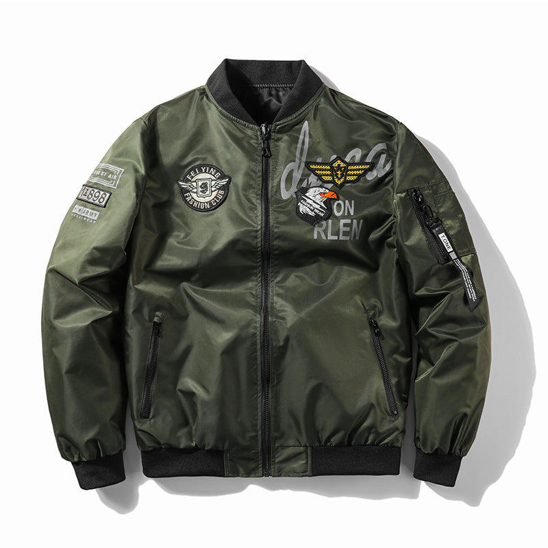 Herren Modische Bomberjacke mit Kunstleder und Stickereien Drune