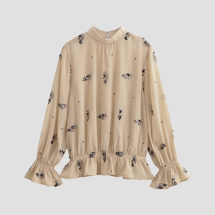 Damen Chiffonbluse mit floraler Pailletten-Stickerei, Stehkragen und geraffter Taillenpasse Drune